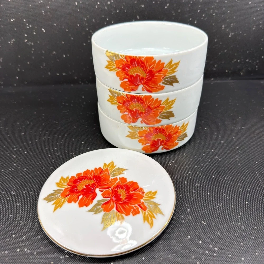 Vintage Otagiri Japan Porcelain 3 Tier Stacking Trinket Box Orange Peony Gold